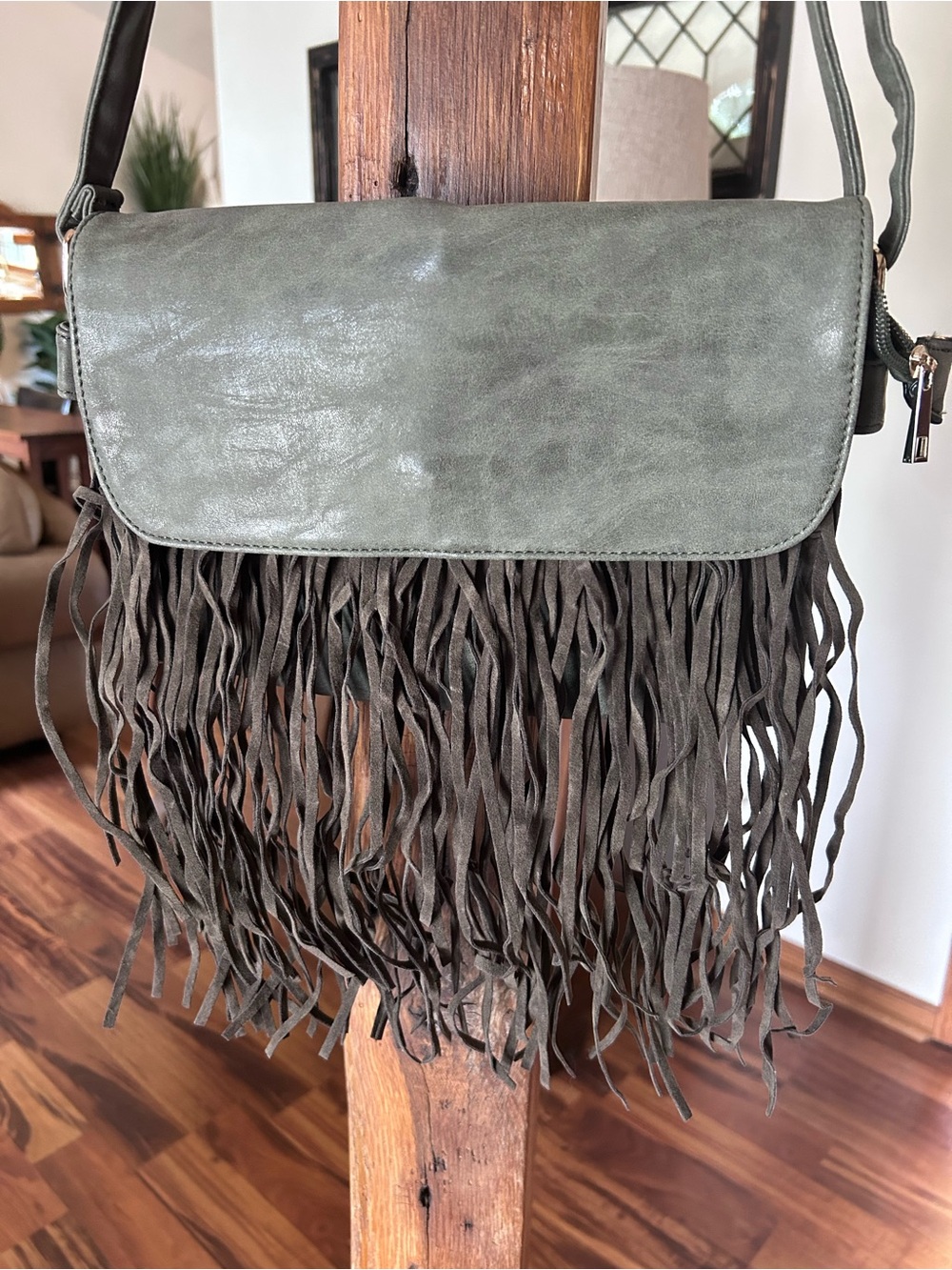 Olive Green Fringe Crossbody Bag, Unbranded